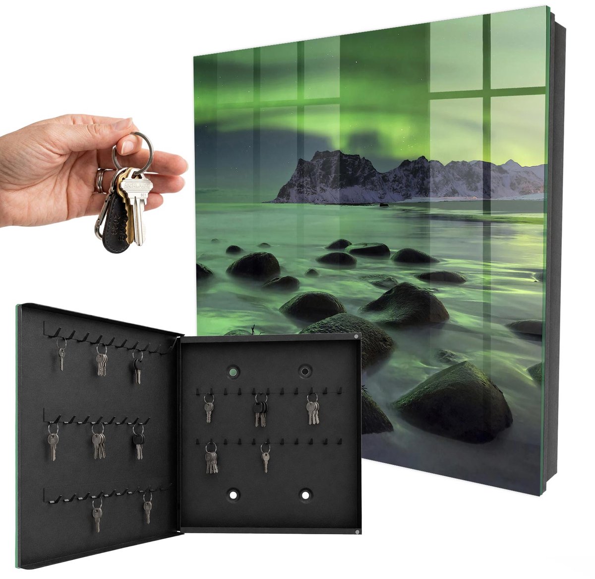 WallMuralia - Sleutelkast - 30x30x5 cm - met 50 haken - Noorderlicht Sleutelkastje Modern - Groente Sleutelbox - Linksopenend - Zwart interieur