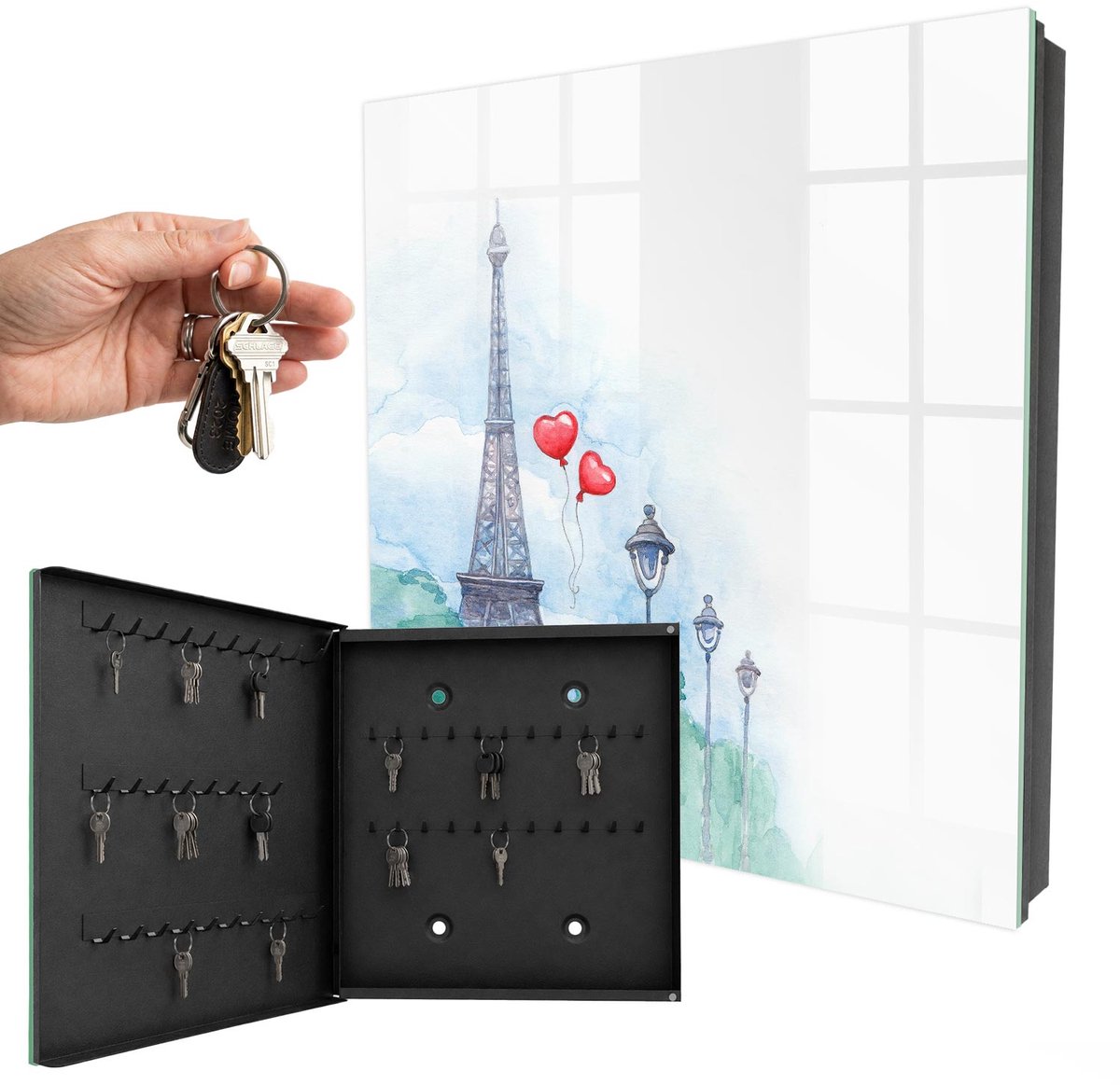WallMuralia - Sleutelkast - 30x30x5 cm - met 50 haken - Parijse Landschappen Sleutelkastje Gang - Blauw Sleutelbox - Linksopenend - Zwart interieur