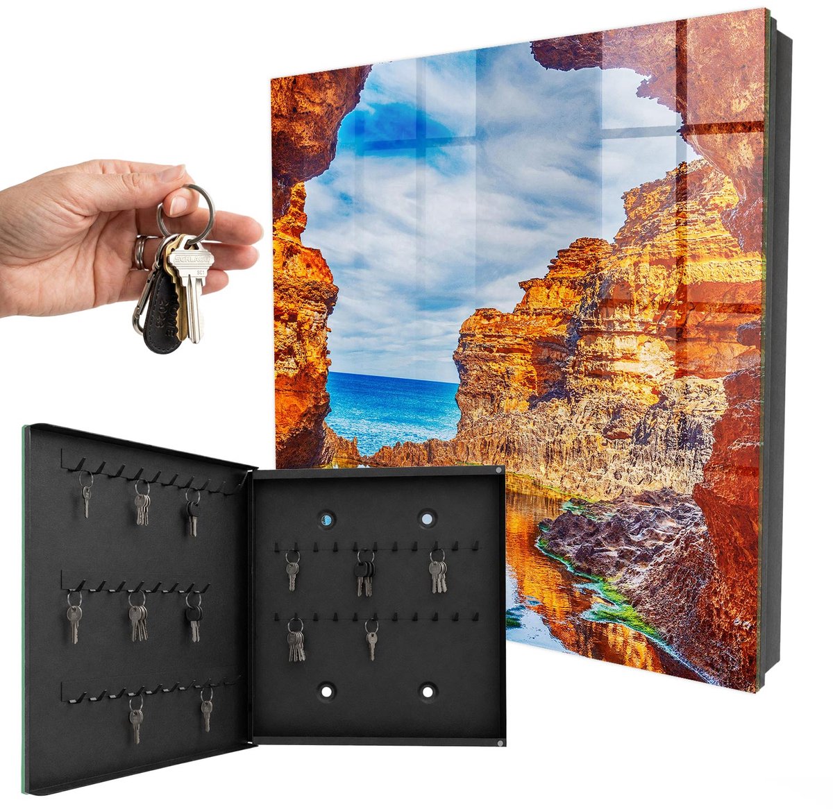 WallMuralia - Sleutelkast - 30x30x5 cm - met 50 haken - Zonnige Kust Sleutelkastje Muur - Oranje Sleutelbox - Linksopenend - Zwart interieur