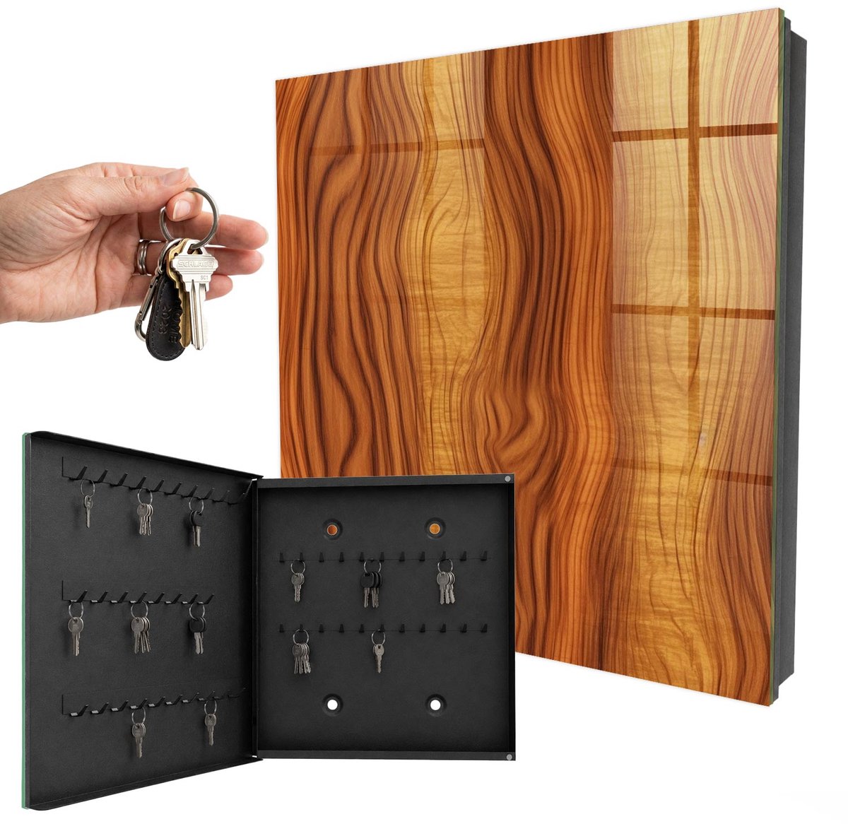 WallMuralia - Sleutelkast - 30x30x5 cm - met 50 haken - Houten Golven Design Sleutelkastje - Bruin Sleutelbox - Linksopenend - Zwart interieur