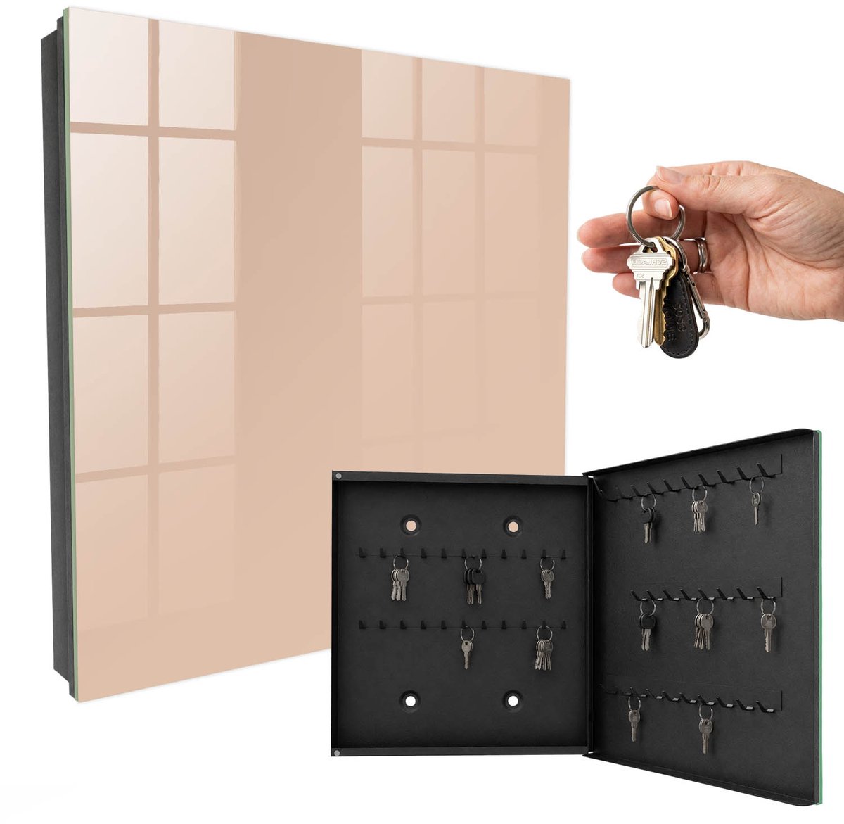 WallMuralia - Sleutelkast - 30x30x5 cm - met 50 haken - Warm Beige Design Sleutelkastje - Beige Sleutelbox - Rechtsopenend - Zwart interieur