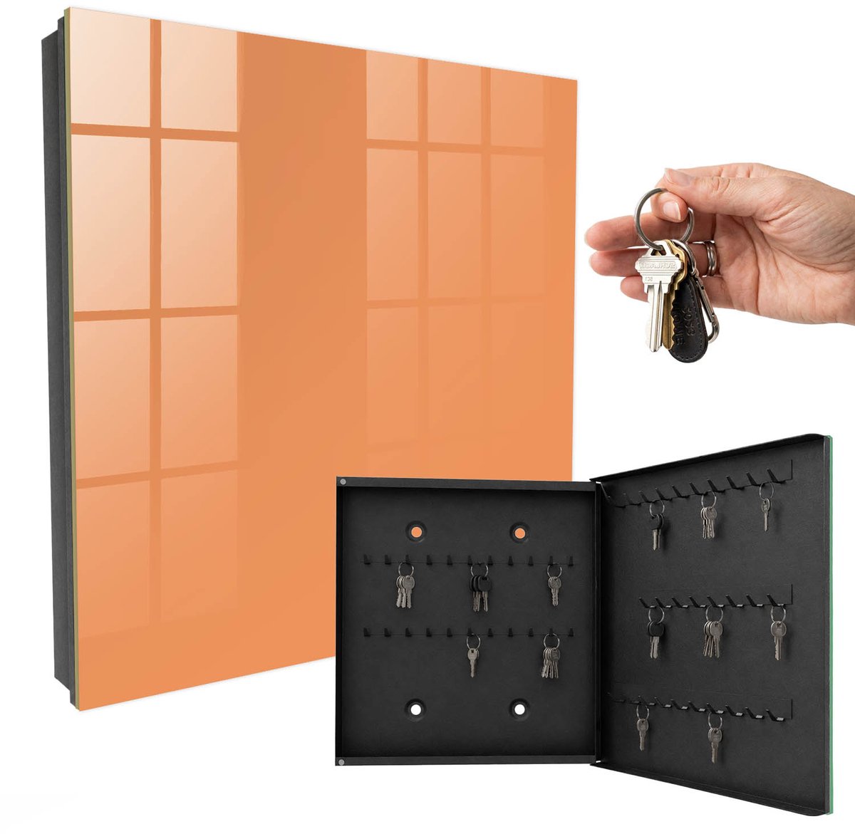 WallMuralia - Sleutelkast - 30x30x5 cm - met 50 haken - Pastel Oranje Sleutelkastje Huis - Oranje Sleutelbox - Rechtsopenend - Zwart interieur