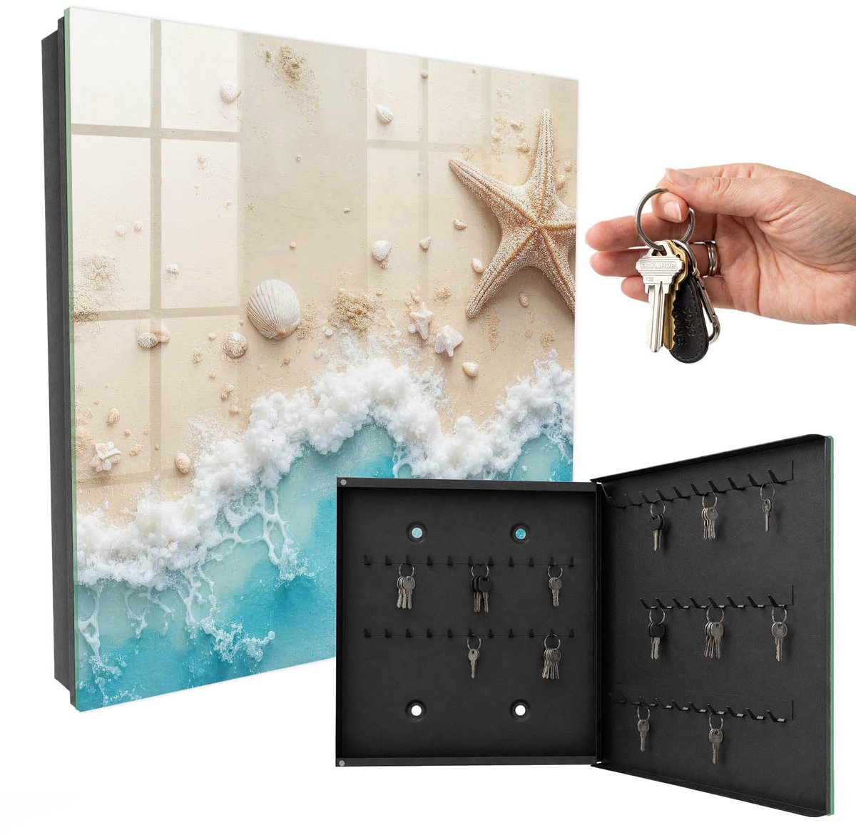 WallMuralia - Sleutelkast - 30x30x5 cm - met 50 haken - Zomerstrand Groot Sleutelkastje - Beige Sleutelbox - Rechtsopenend - Zwart interieur