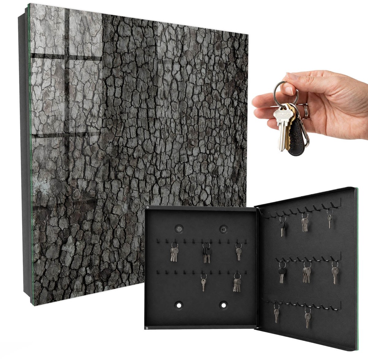 WallMuralia - Sleutelkast - 30x30x5 cm - met 50 haken - Boomschors Sleutelkastje Industrieel - Grijs Sleutelbox - Rechtsopenend - Zwart interieur
