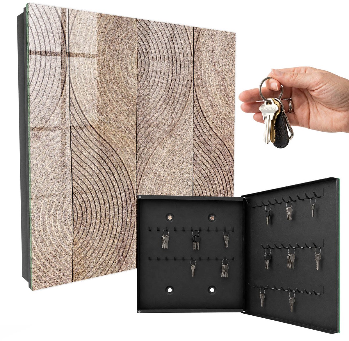 WallMuralia - Sleutelkast - 30x30x5 cm - met 50 haken - Textuurgolven Leuk Sleutelkastje - Beige Sleutelbox - Rechtsopenend - Zwart interieur