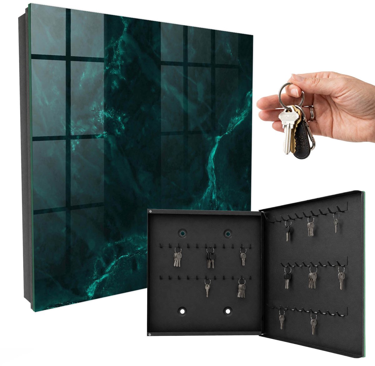 WallMuralia - Sleutelkast - 30x30x5 cm - met 50 haken - Groene Diepte Sleutelkastje Binnen - Groente Sleutelbox - Rechtsopenend - Zwart interieur