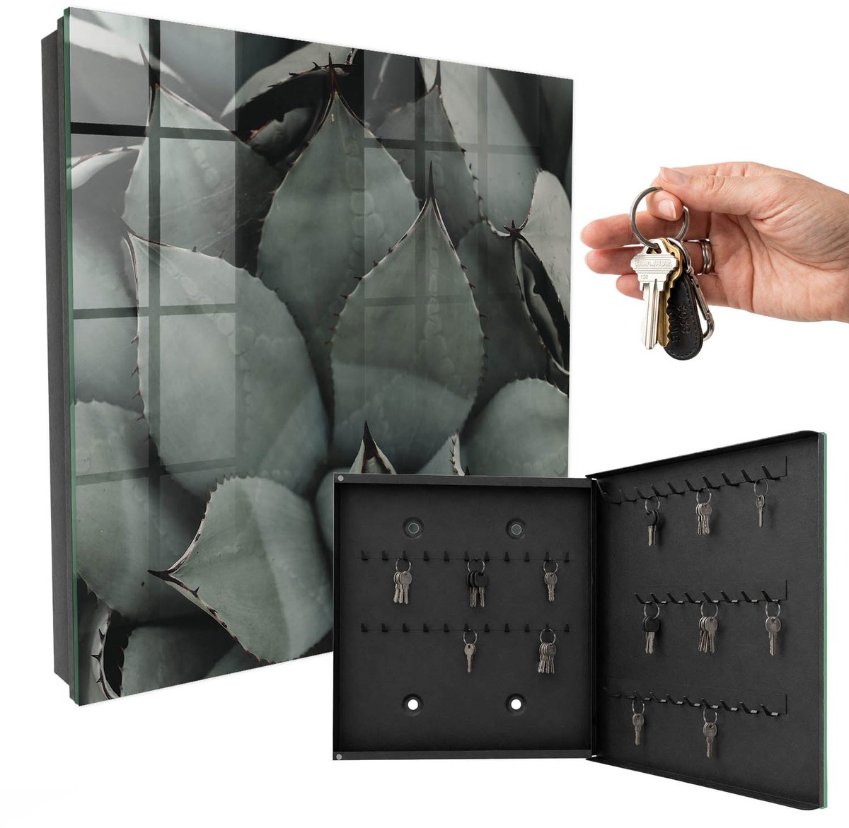 WallMuralia - Sleutelkast - 30x30x5 cm - met 50 haken - Plantaardige Elegantie Sleutelkastje Voor Binnen - Grijs Sleutelbox - Rechtsopenend - Zwart interieur
