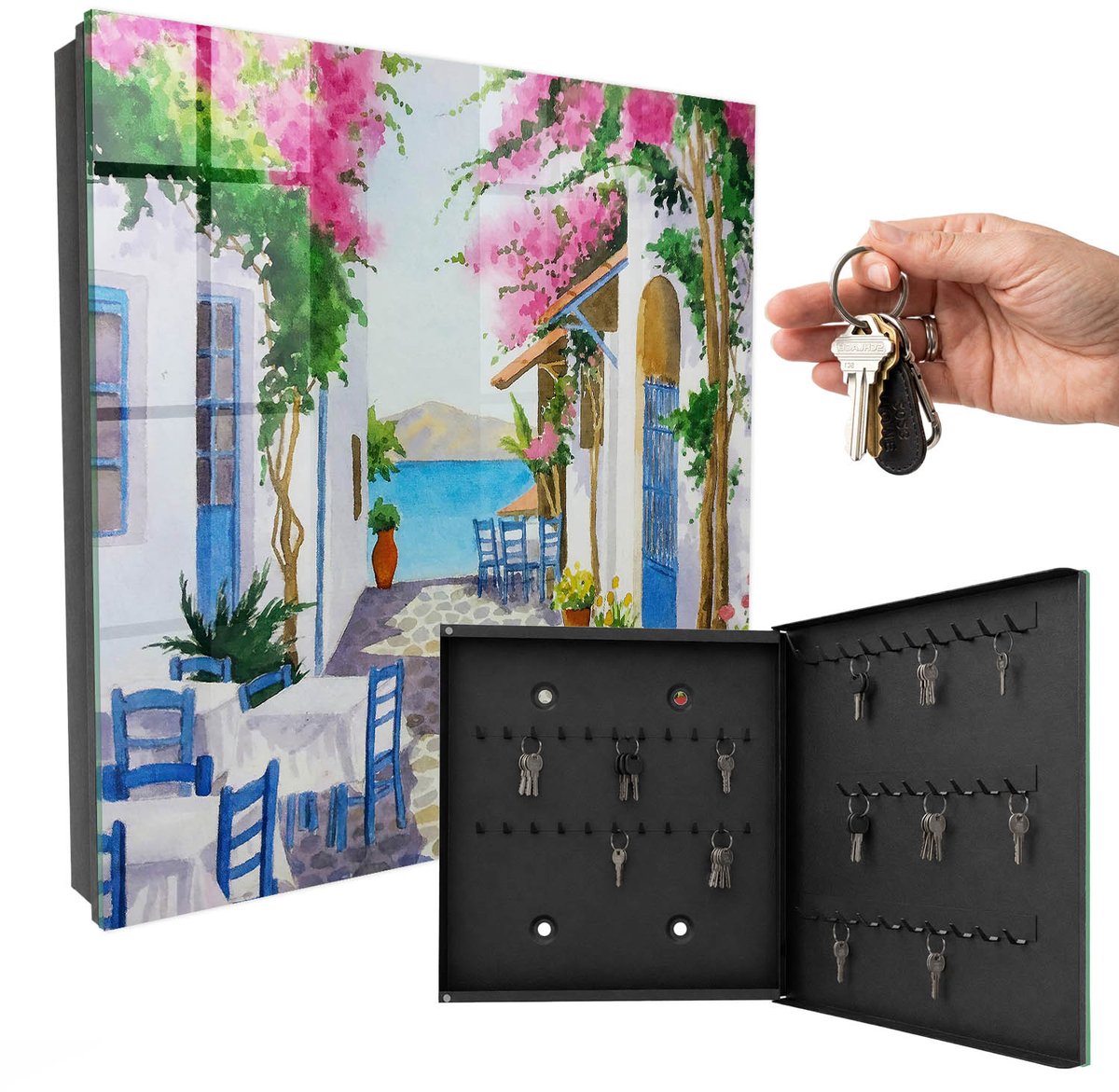 WallMuralia - Sleutelkast - 30x30x5 cm - met 50 haken - Mediterrane Schoonheid Leuk Sleutelkastje - Wit Sleutelbox - Rechtsopenend - Zwart interieur