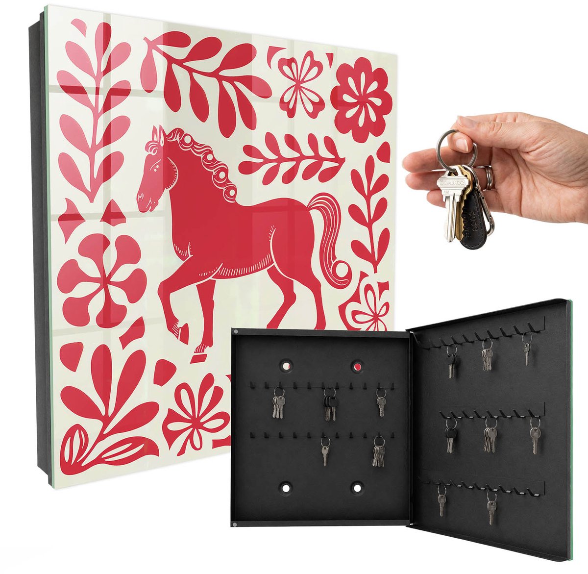 WallMuralia - Sleutelkast - 30x30x5 cm - met 50 haken - Volksillustratie Met Een Paardenmotief. Sleutelkastje Landelijk - Rood Sleutelbox - Rechtsopenend - Zwart interieur