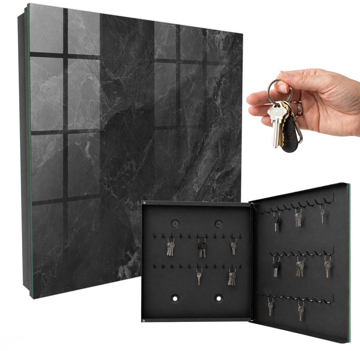 WallMuralia - Sleutelkast - 30x30x5 cm - met 50 haken - Grijze Steen Sleutelkastje Design - Zwart Sleutelbox - Rechtsopenend - Zwart interieur