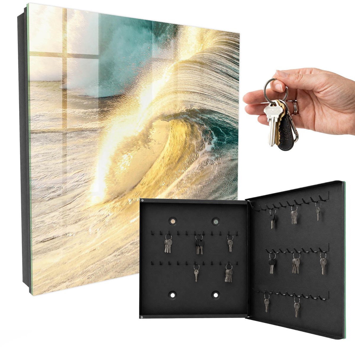 WallMuralia - Sleutelkast - 30x30x5 cm - met 50 haken - Zeegolf Sleutelkastje Landelijk - Geel Sleutelbox - Rechtsopenend - Zwart interieur
