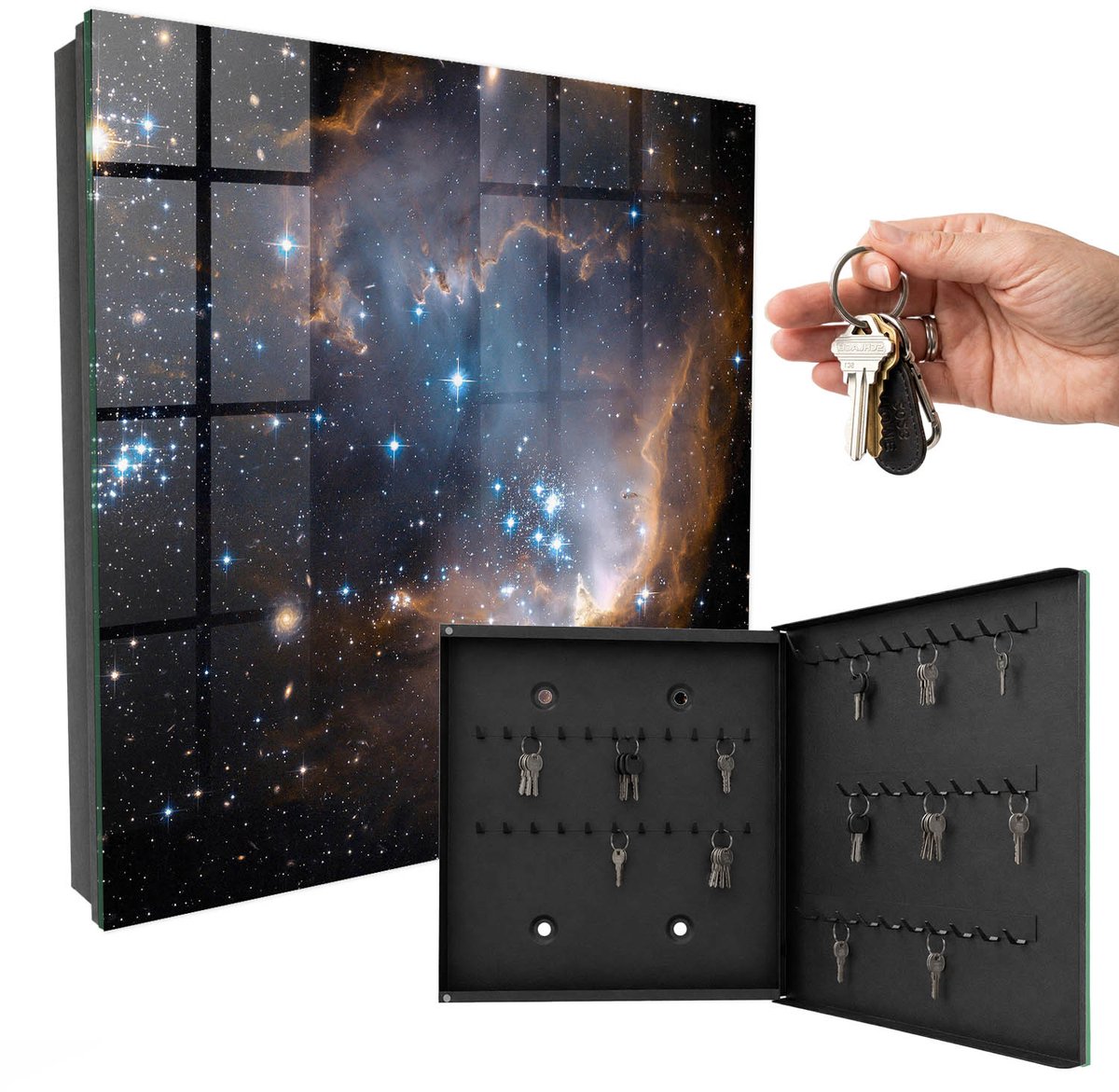 WallMuralia - Sleutelkast - 30x30x5 cm - met 50 haken - Sterrennevel Sleutelkastje - Zwart Sleutelbox - Rechtsopenend - Zwart interieur