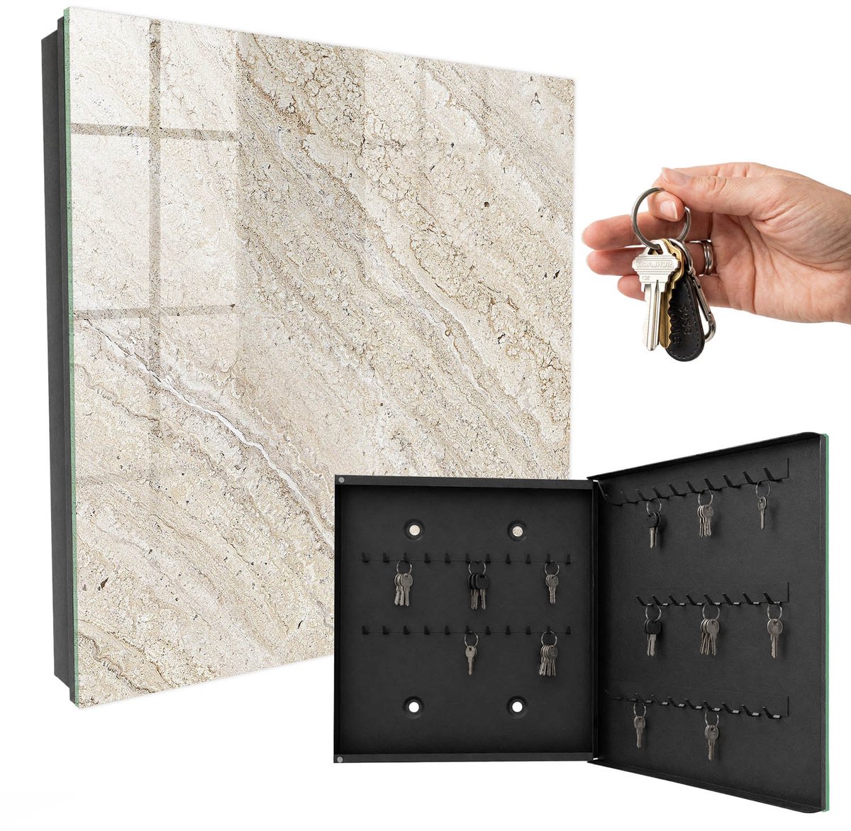 WallMuralia - Sleutelkast - 30x30x5 cm - met 50 haken - Licht Marmer Sleutelkastje Design - Beige Sleutelbox - Rechtsopenend - Zwart interieur