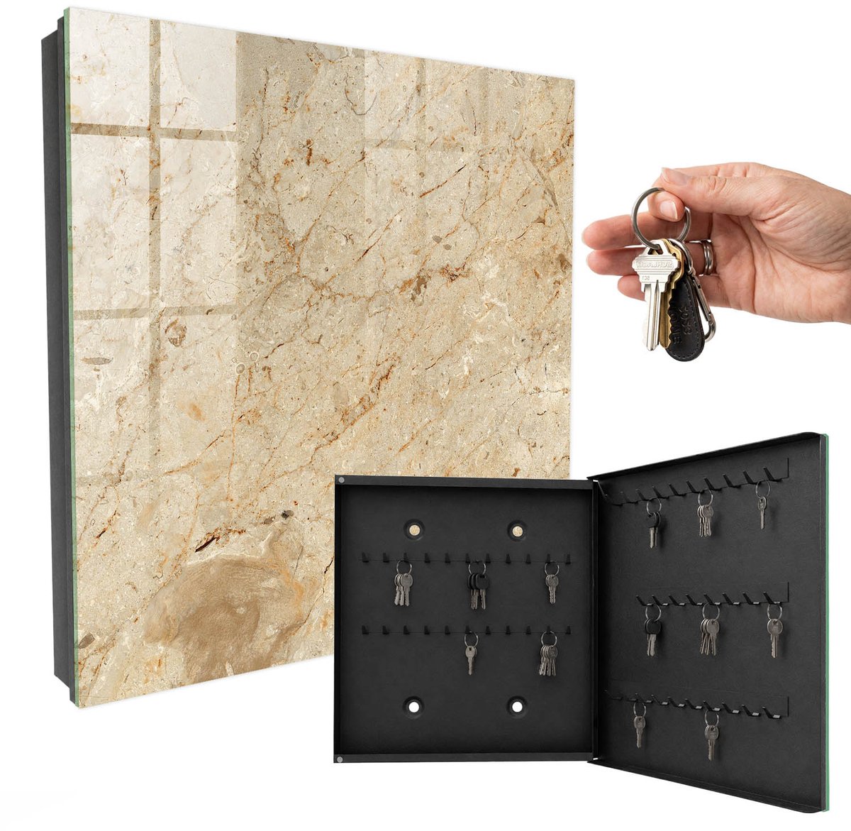 WallMuralia - Sleutelkast - 30x30x5 cm - met 50 haken - Steenpatroon Groot Sleutelkastje - Beige Sleutelbox - Rechtsopenend - Zwart interieur