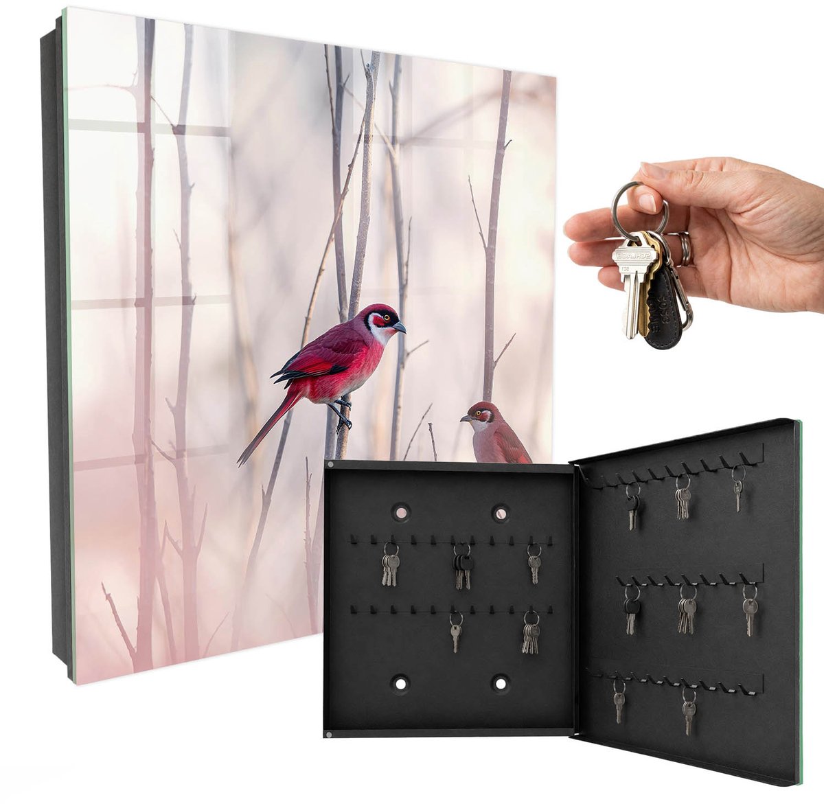 WallMuralia - Sleutelkast - 30x30x5 cm - met 50 haken - Twee Vogels Sleutelkastje Industrieel - Rood Sleutelbox - Rechtsopenend - Zwart interieur