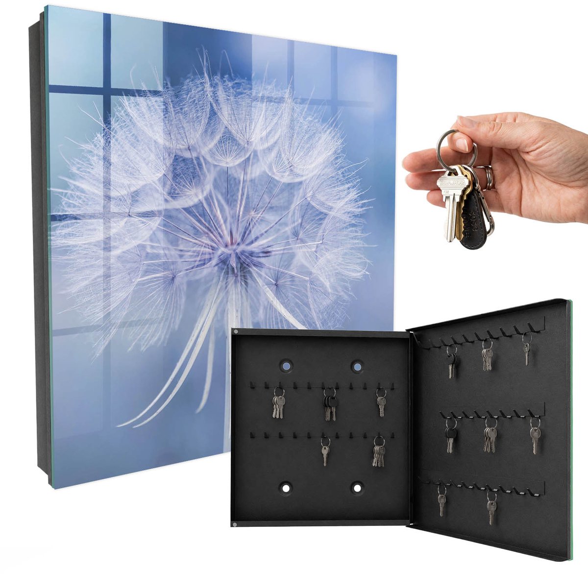 WallMuralia - Sleutelkast - 30x30x5 cm - met 50 haken - Subtiele Paardenbloem Groot Sleutelkastje - Blauw Sleutelbox - Rechtsopenend - Zwart interieur