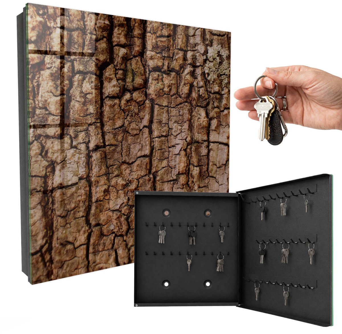 WallMuralia - Sleutelkast - 30x30x5 cm - met 50 haken - Boomschors Sleutelkastje Hal - Bruin Sleutelbox - Rechtsopenend - Zwart interieur