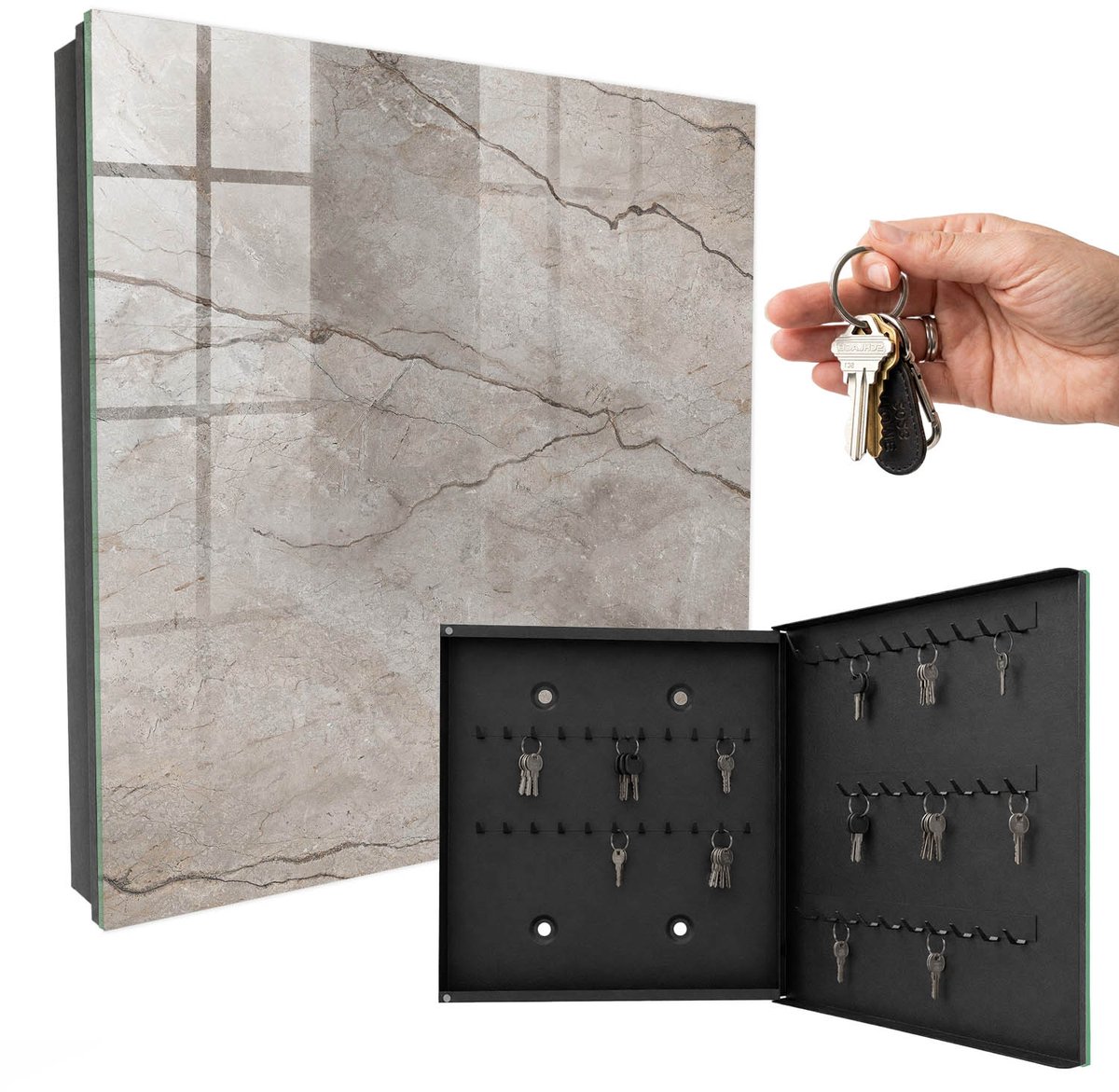 WallMuralia - Sleutelkast - 30x30x5 cm - met 50 haken - Stijlvolle Steen Sleutelkastje - Grijs Sleutelbox - Rechtsopenend - Zwart interieur