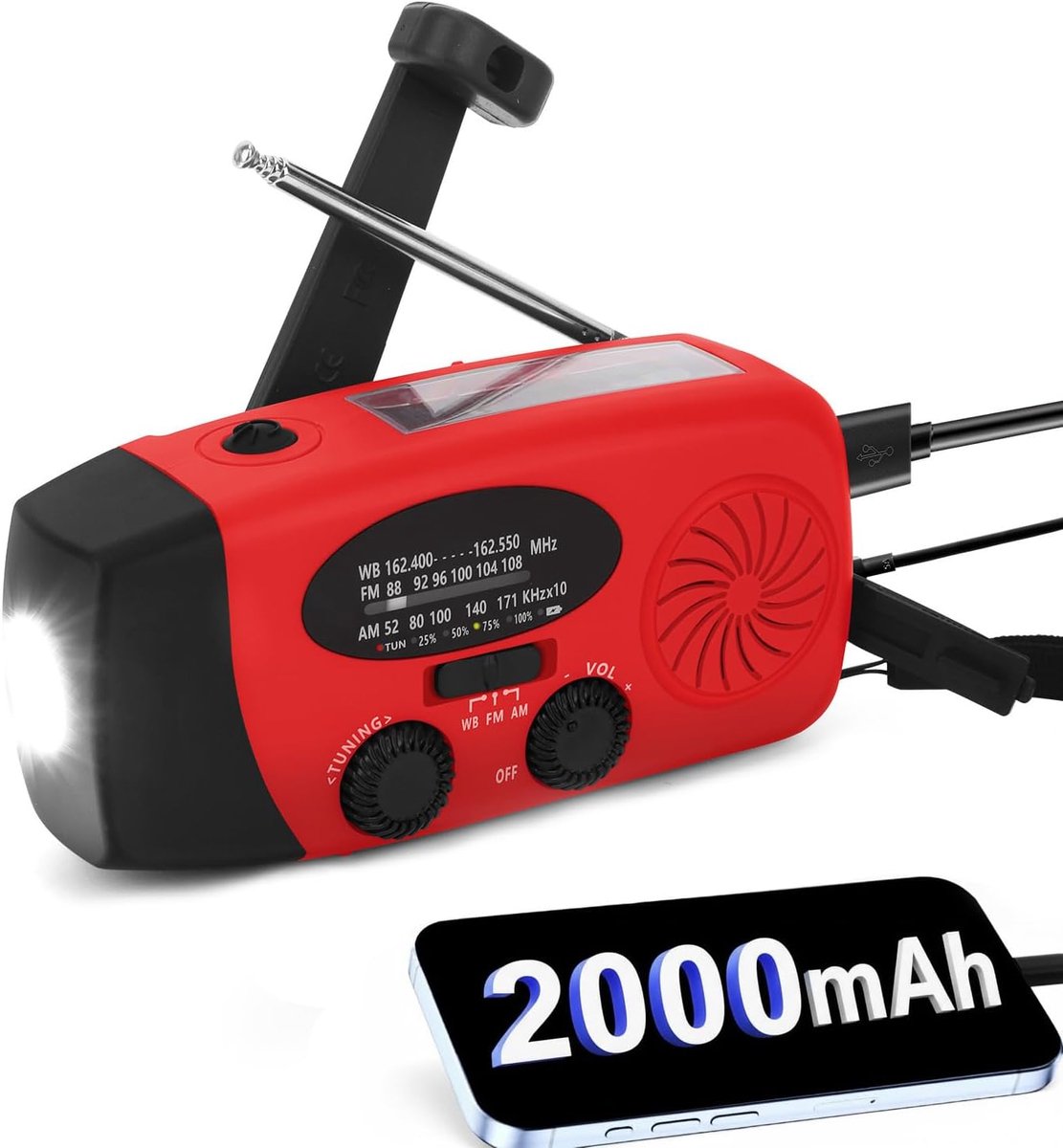 AM FM NOAA WB Draagbare Radio met 2000 MAh Batterij, Zonne-handslinger, Zaklamp, voor Buiten Kamperen Thuis Noodstroomuitval