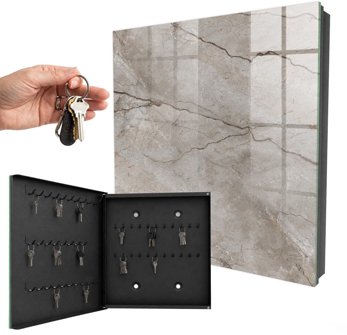 WallMuralia - Sleutelkast - 30x30x5 cm - met 50 haken - Stijlvolle Steen Sleutelkastje Design - Grijs Sleutelbox - Linksopenend - Zwart interieur