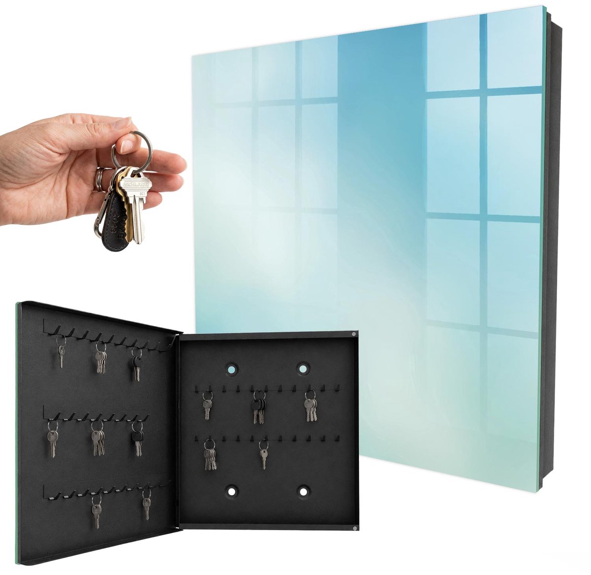 WallMuralia - Sleutelkast - 30x30x5 cm - met 50 haken - Hemelse Droom Sleutelkastje Huis - Blauw Sleutelbox - Linksopenend - Zwart interieur