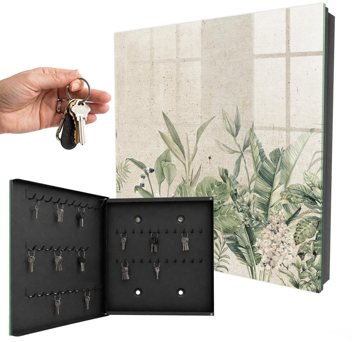 WallMuralia - Sleutelkast - 30x30x5 cm - met 50 haken - Tropische Natuur Groot Sleutelkastje - Groente Sleutelbox - Linksopenend - Zwart interieur