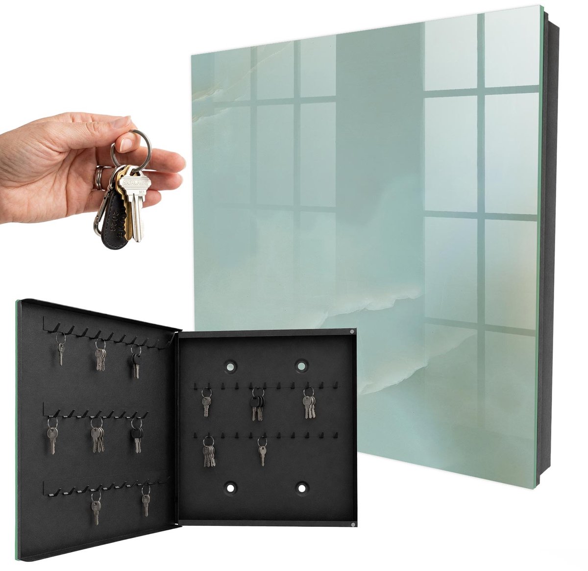 WallMuralia - Sleutelkast - 30x30x5 cm - met 50 haken - Pastel Harmonie Sleutelkastje Gang - Turkoois Sleutelbox - Linksopenend - Zwart interieur