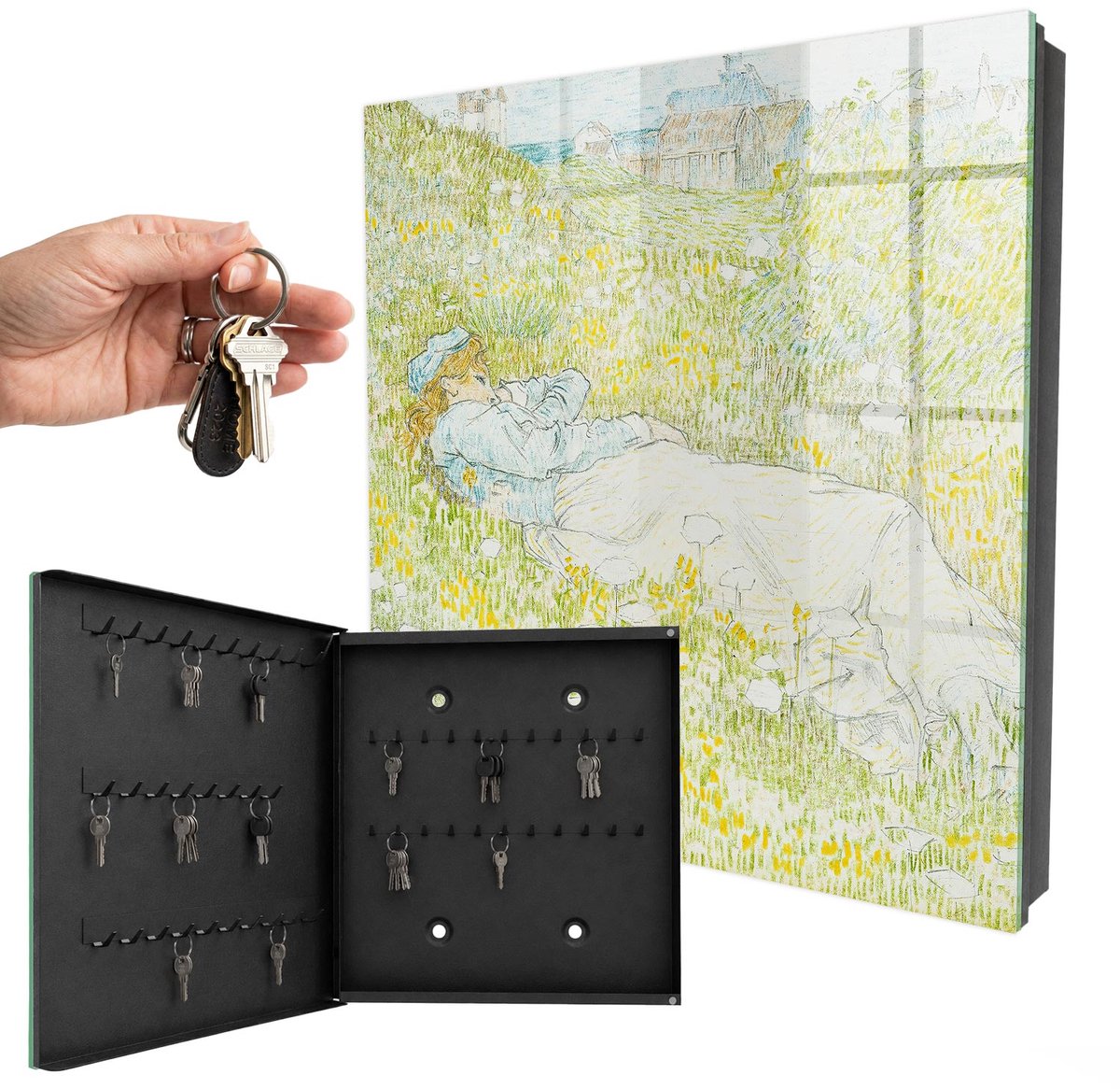 WallMuralia - Sleutelkast - 30x30x5 cm - met 50 haken - Idyllische Rust Sleutelkastje Modern - Groente Sleutelbox - Linksopenend - Zwart interieur