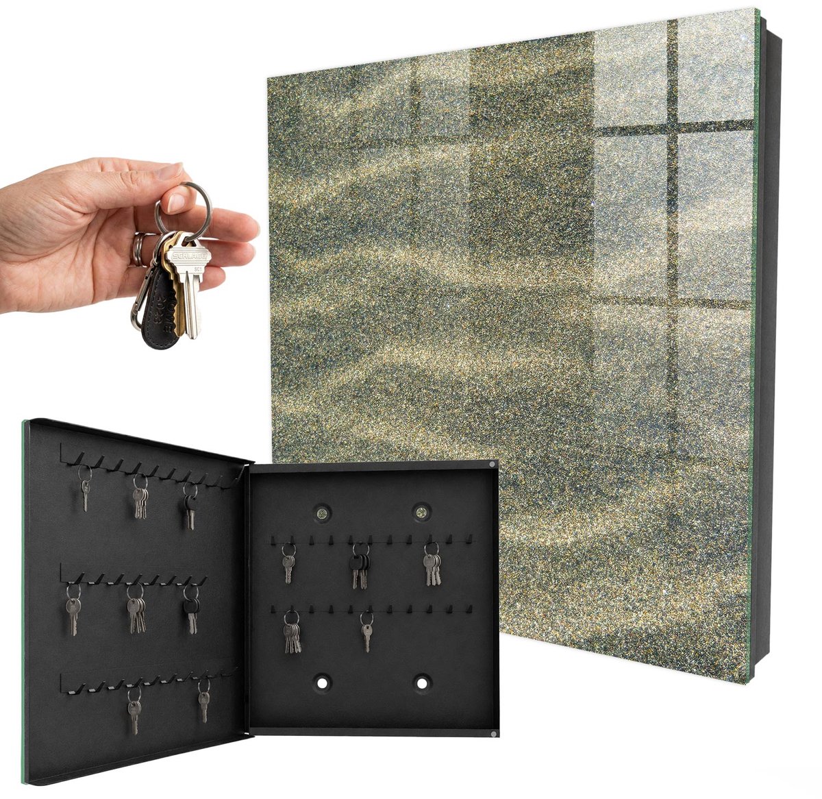 WallMuralia - Sleutelkast - 30x30x5 cm - met 50 haken - Zandgolven Sleutelkastje Binnen - Grijs Sleutelbox - Linksopenend - Zwart interieur