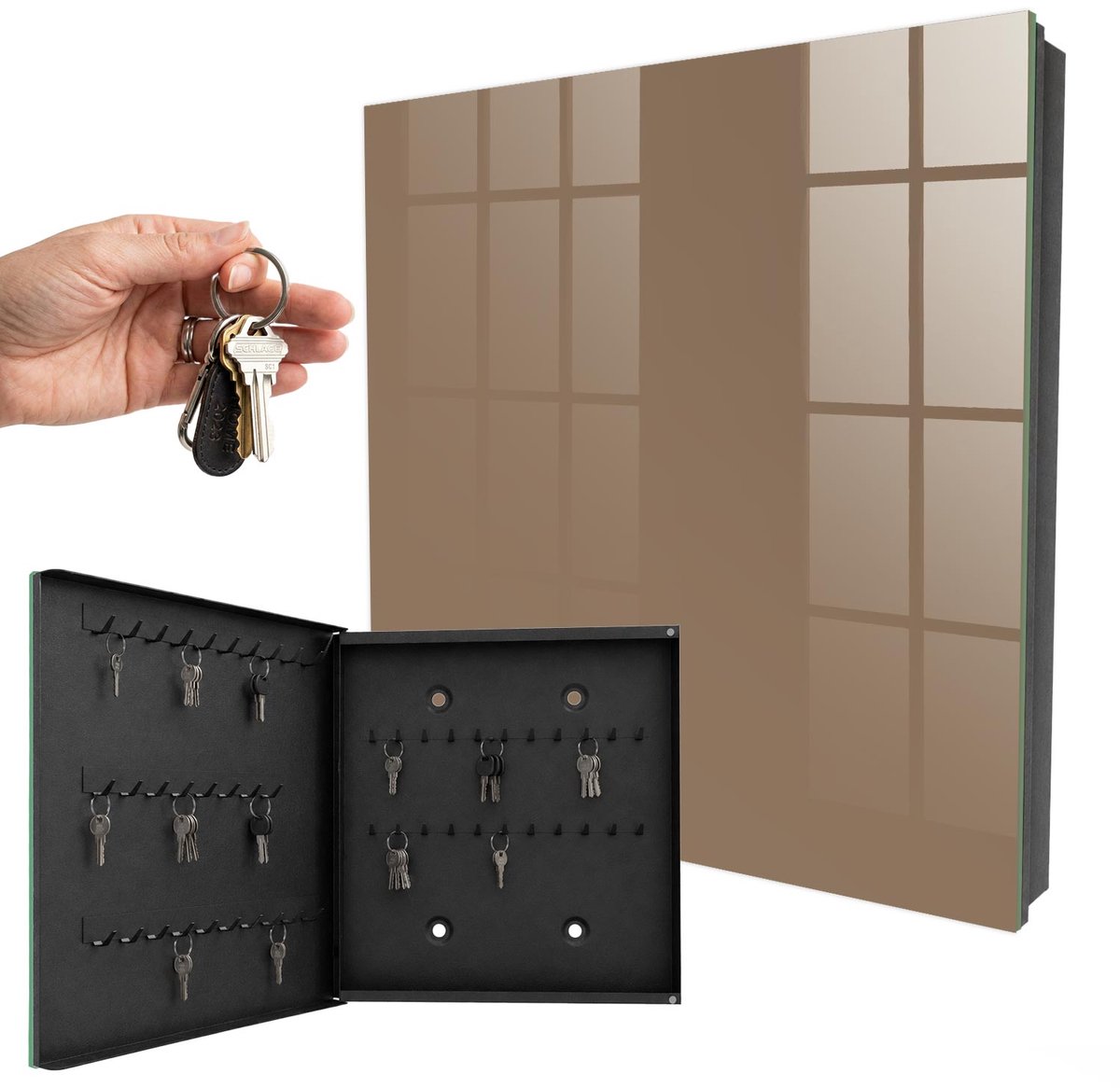 WallMuralia - Sleutelkast - 30x30x5 cm - met 50 haken - Vergeeld Grijs Sleutelkastje Hal - Grijs Sleutelbox - Linksopenend - Zwart interieur