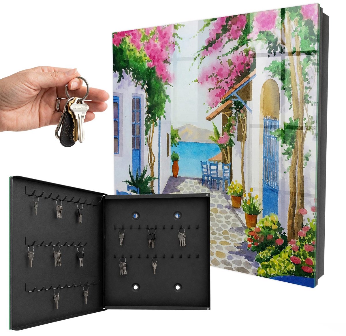 WallMuralia - Sleutelkast - 30x30x5 cm - met 50 haken - Mediterrane Schoonheid Sleutelkastje Binnen - Wit Sleutelbox - Linksopenend - Zwart interieur