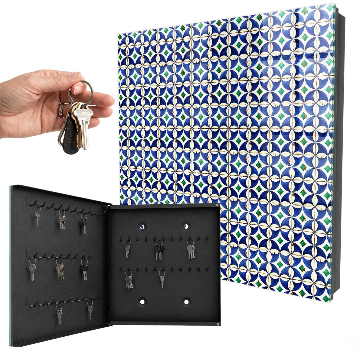 WallMuralia - Sleutelkast - 30x30x5 cm - met 50 haken - Geometrische Abstractie Sleutelkastje Design - Blauw Sleutelbox - Linksopenend - Zwart interieur
