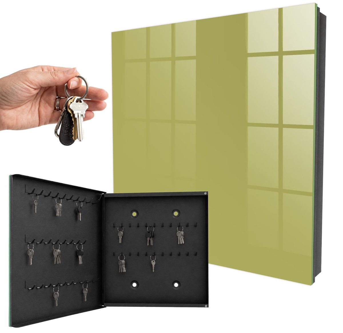 WallMuralia - Sleutelkast - 30x30x5 cm - met 50 haken - Groene Vintage Sleutelkastje Huis - Groente Sleutelbox - Linksopenend - Zwart interieur