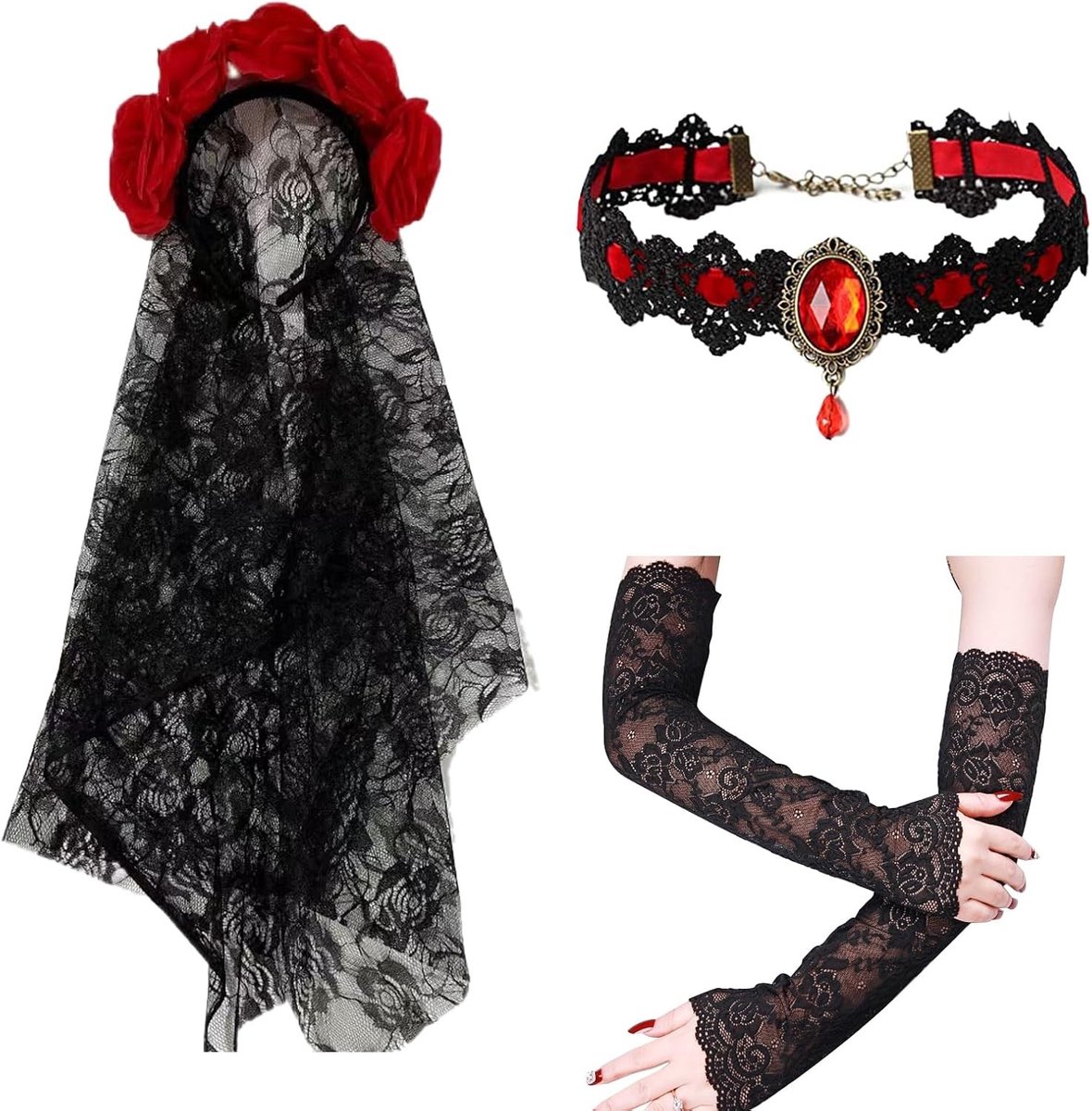 Halloween Hoofdband met Vaal, Kanten Handschoenen en Rozenband voor Feestdagen, Carnaval en Dodenherdenking