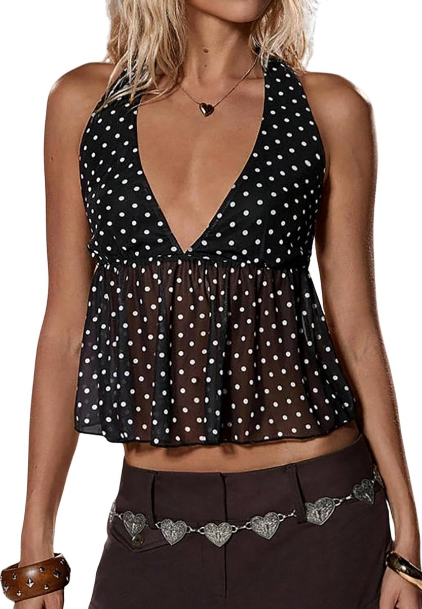 diepe V-hals polka dots korte top sexy mouwloos out-top schattige zomerjurk