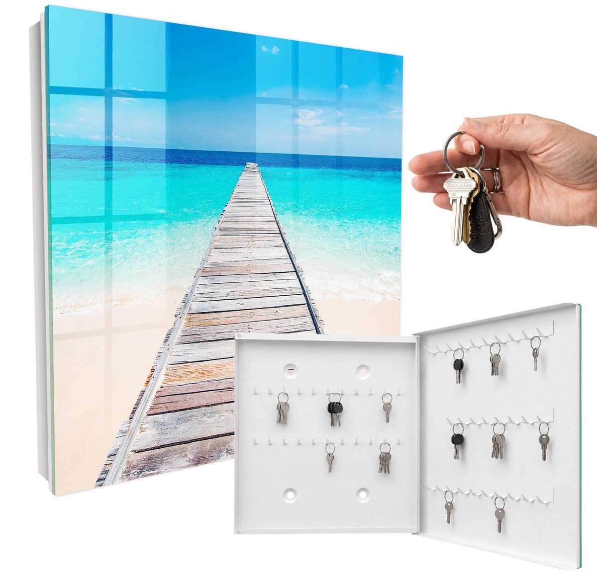 WallMuralia - Sleutelkast - 30x30x5 cm - met 50 haken - Zeehaven Sleutelkastje Gang - Turkoois Sleutelbox - Rechtsopenend - Wit interieur