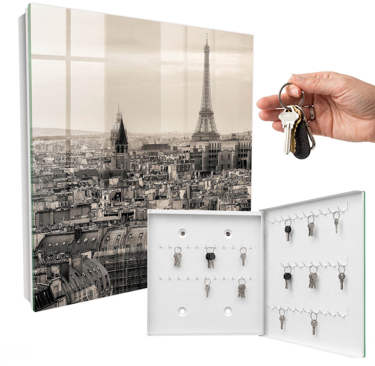 WallMuralia - Sleutelkast - 30x30x5 cm - met 50 haken - Stedelijke Elegantie Sleutelkastje Voor Binnen - Grijs Sleutelbox - Rechtsopenend - Wit interieur