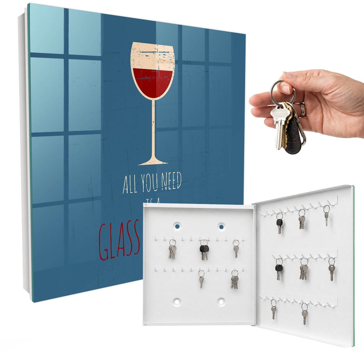 WallMuralia - Sleutelkast - 30x30x5 cm - met 50 haken - Een Glas Wijn Design Sleutelkastje - Blauw Sleutelbox - Rechtsopenend - Wit interieur
