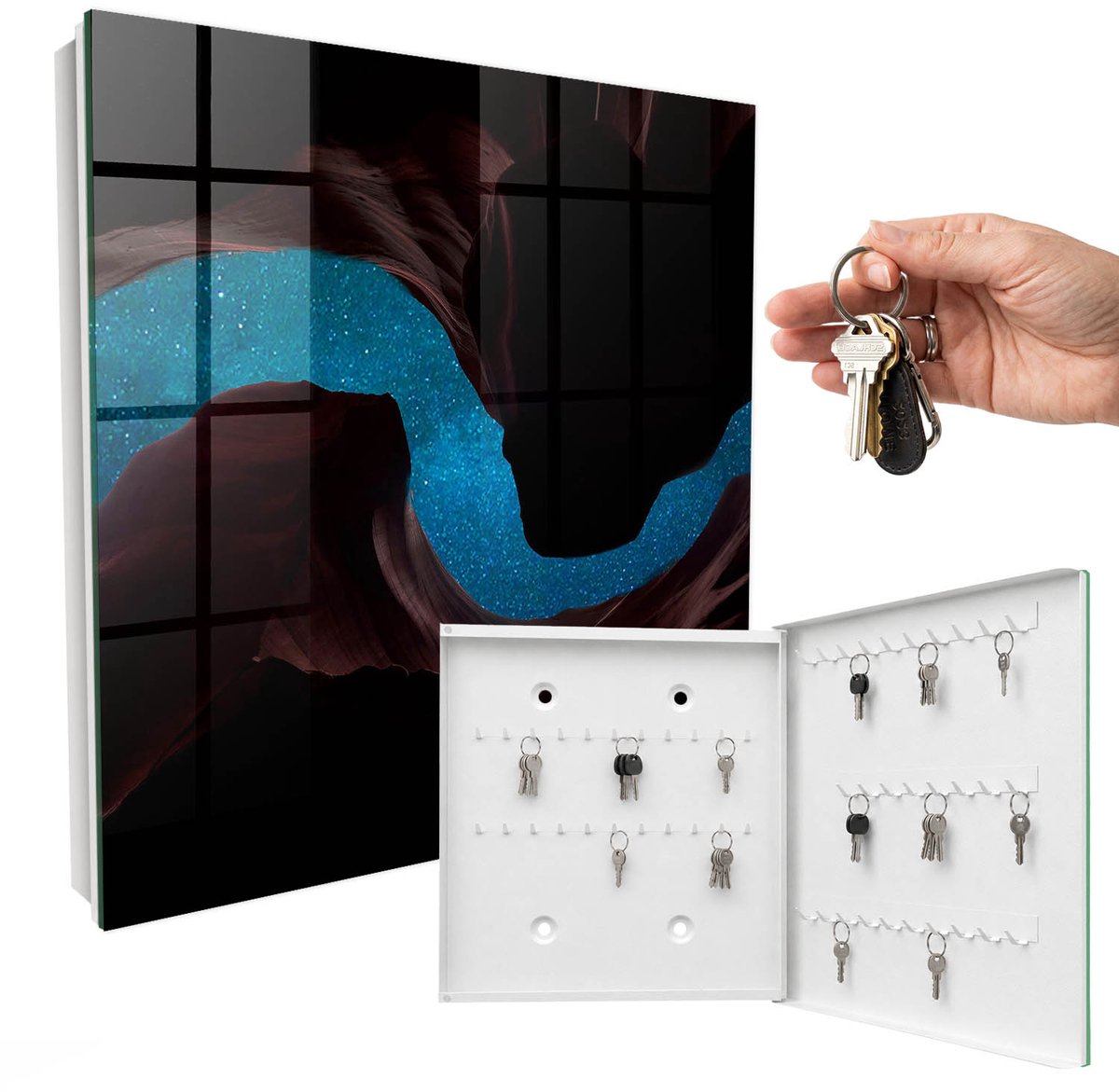WallMuralia - Sleutelkast - 30x30x5 cm - met 50 haken - Ruimtestenen Design Sleutelkastje - Zwart Sleutelbox - Rechtsopenend - Wit interieur