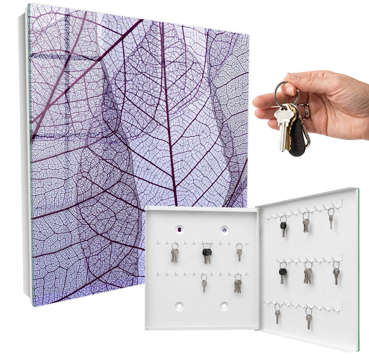 WallMuralia - Sleutelkast - 30x30x5 cm - met 50 haken - Bladstructuur Design Sleutelkastje - Paars Sleutelbox - Rechtsopenend - Wit interieur