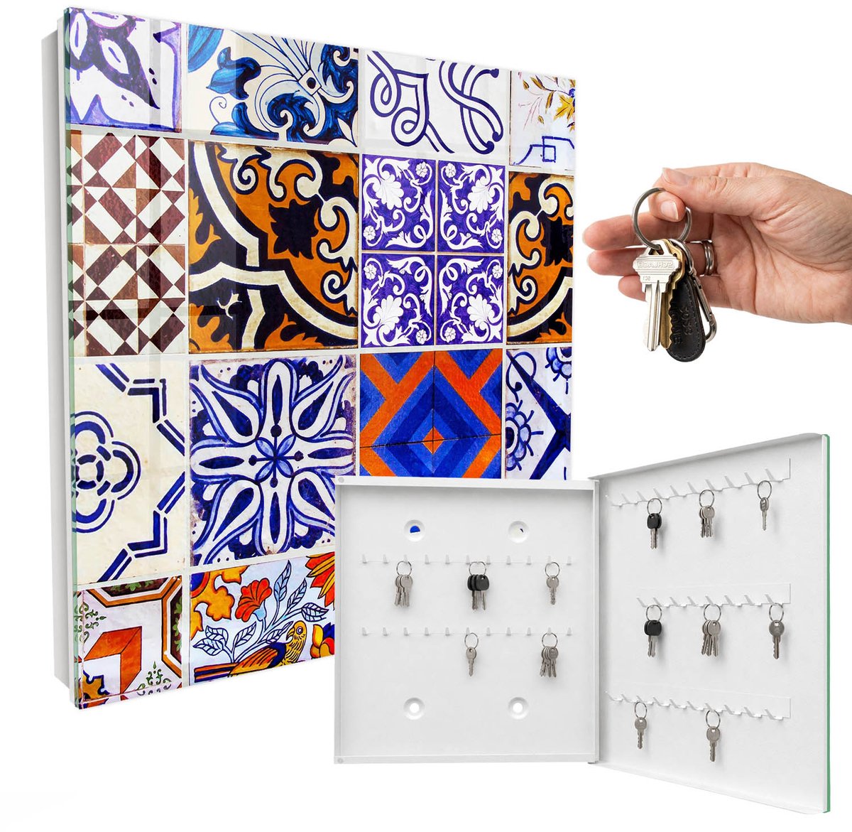 WallMuralia - Sleutelkast - 30x30x5 cm - met 50 haken - Kleurrijke Tegels Sleutelkastje Landelijk - Blauw Sleutelbox - Rechtsopenend - Wit interieur