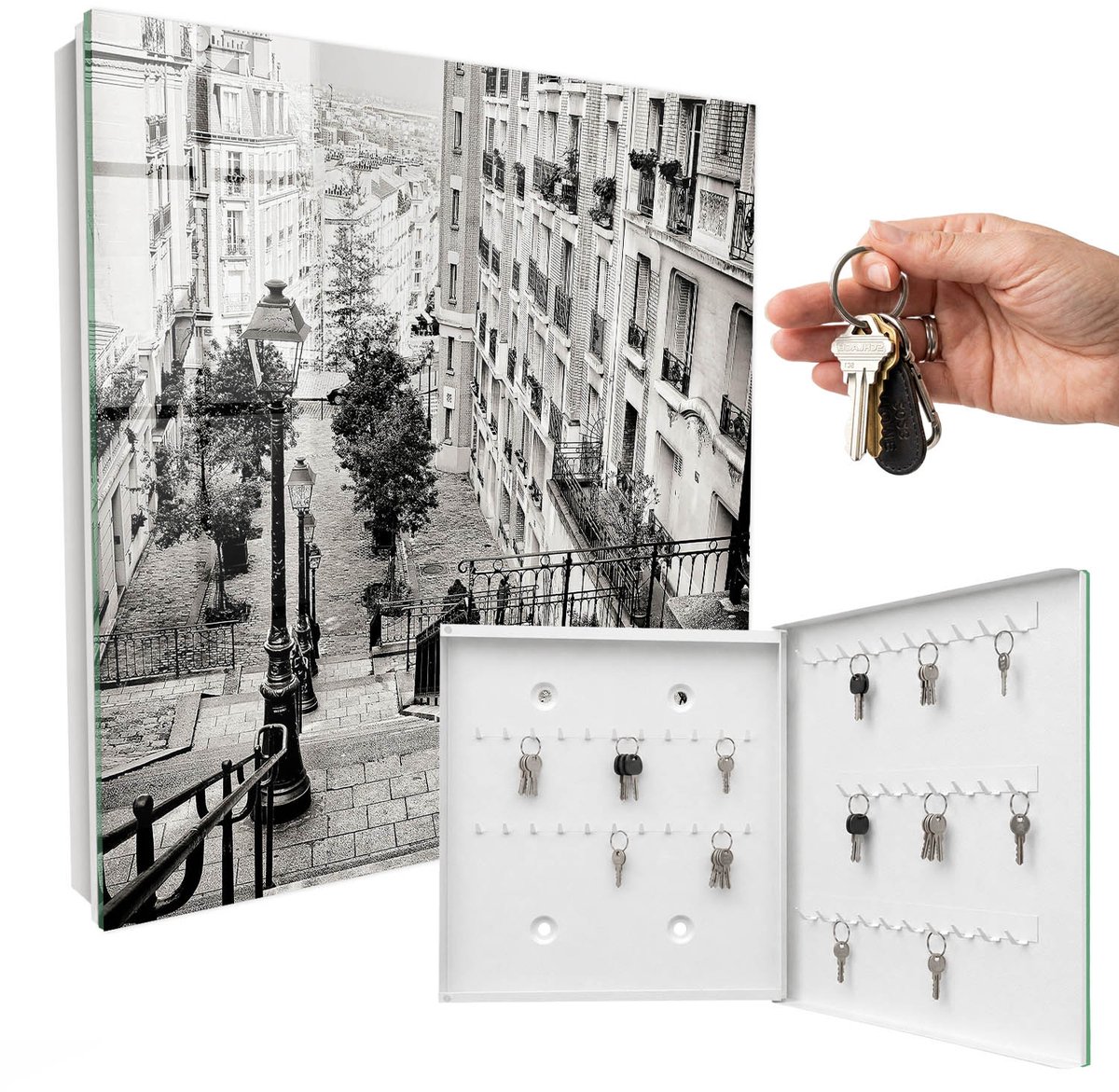 WallMuralia - Sleutelkast - 30x30x5 cm - met 50 haken - Stedelijke Charme Sleutelkastje Modern - Grijs Sleutelbox - Rechtsopenend - Wit interieur