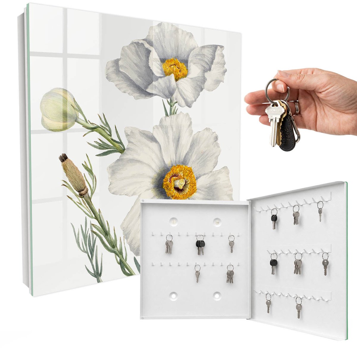 WallMuralia - Sleutelkast - 30x30x5 cm - met 50 haken - Bloemen Natuur Sleutelkastje Design - Wit Sleutelbox - Rechtsopenend - Wit interieur