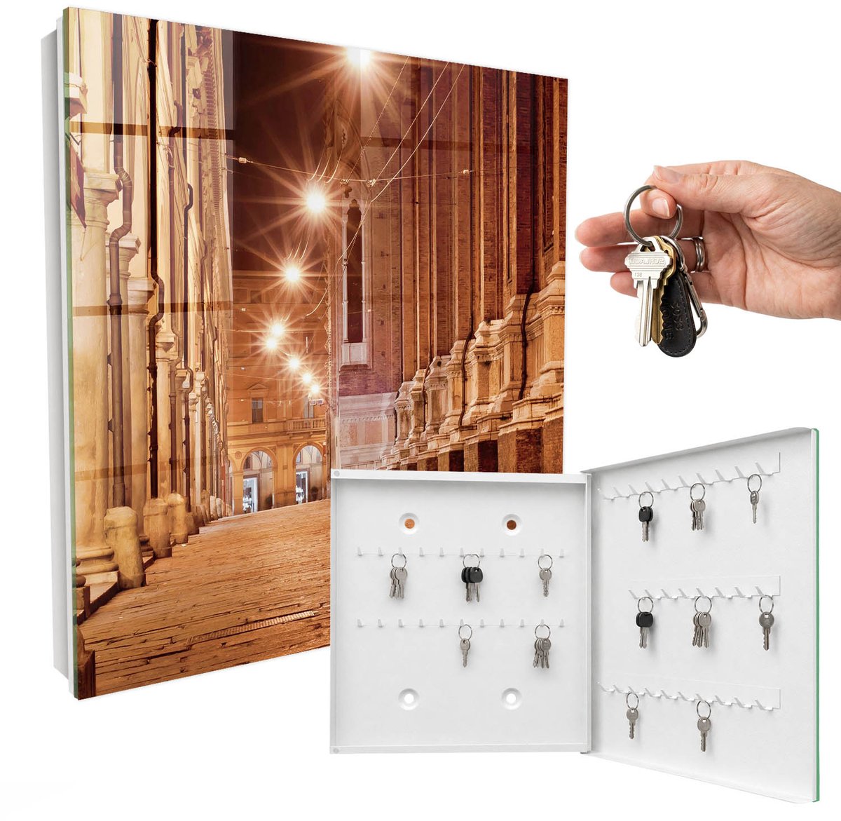WallMuralia - Sleutelkast - 30x30x5 cm - met 50 haken - Stadsnacht Sleutelkastje Binnen - Oranje Sleutelbox - Rechtsopenend - Wit interieur