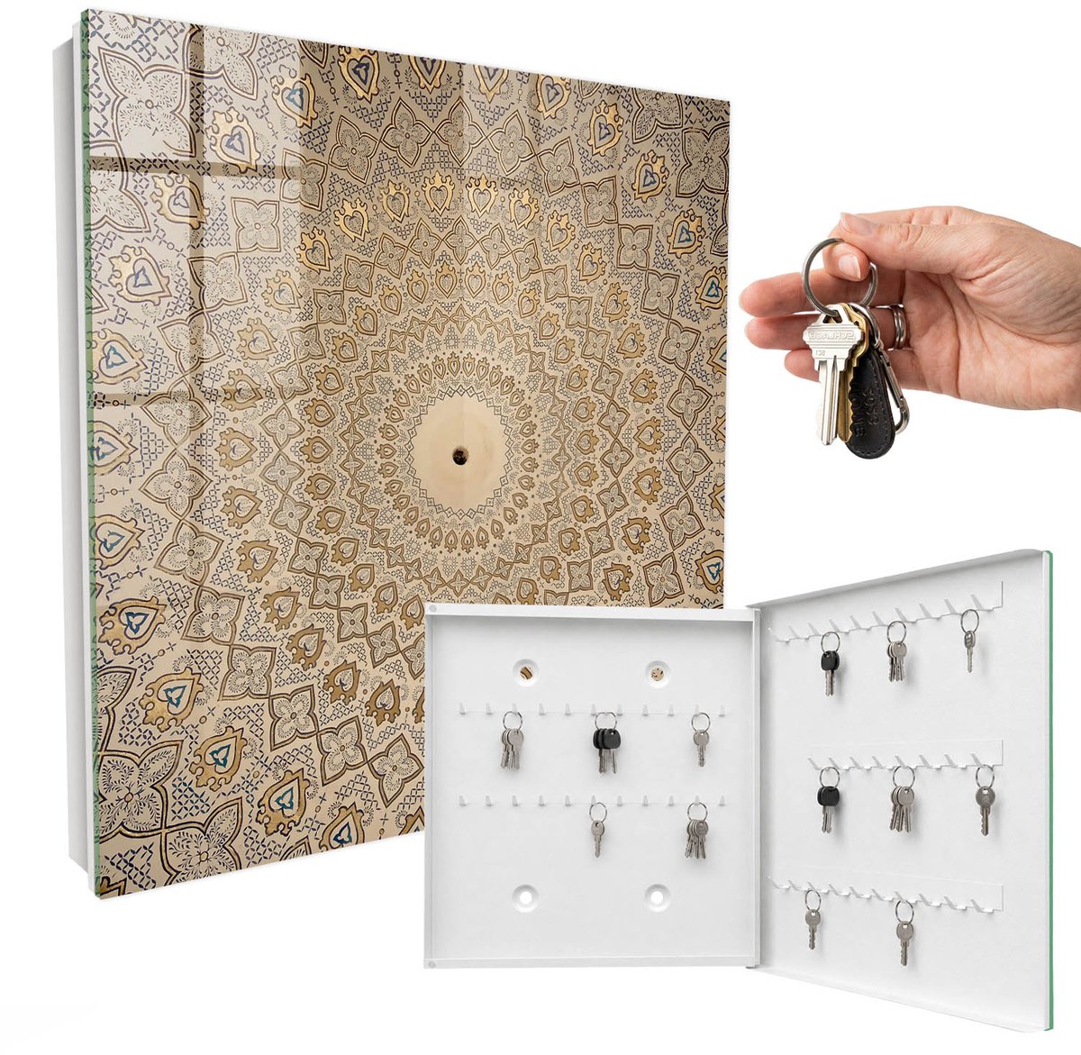 WallMuralia - Sleutelkast - 30x30x5 cm - met 50 haken - Decoratieve Mandala Leuk Sleutelkastje - Beige Sleutelbox - Rechtsopenend - Wit interieur