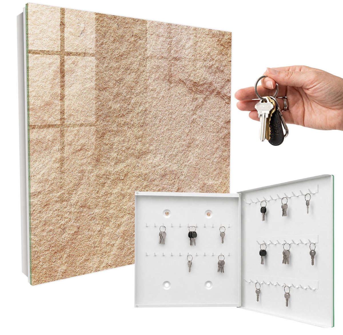 WallMuralia - Sleutelkast - 30x30x5 cm - met 50 haken - Zandpatroon Sleutelkastje Design - Beige Sleutelbox - Rechtsopenend - Wit interieur