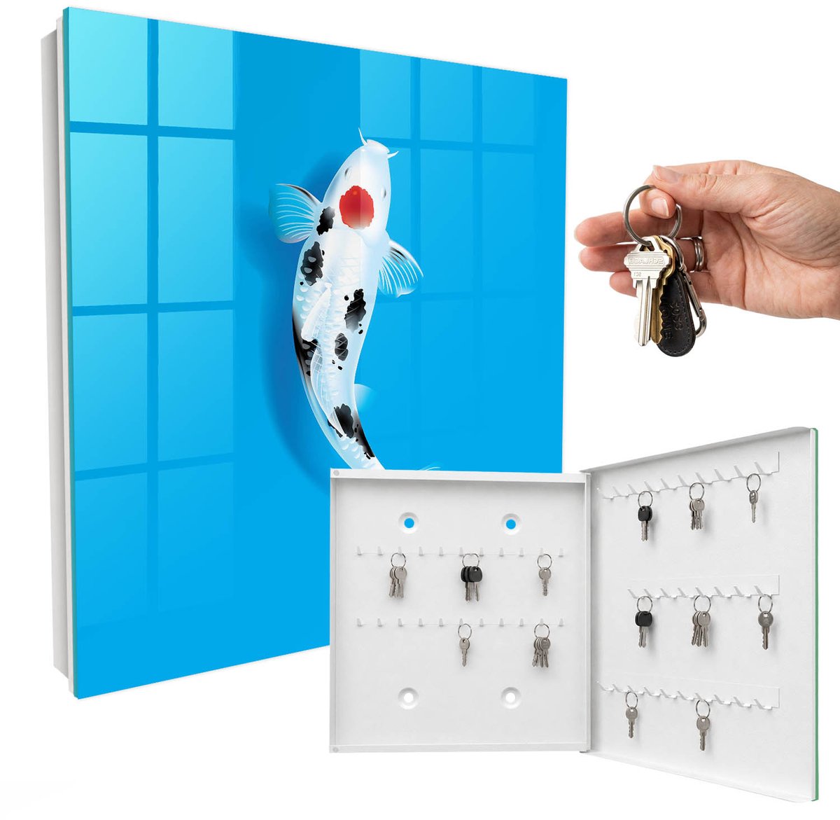 WallMuralia - Sleutelkast - 30x30x5 cm - met 50 haken - Koi-Vis Sleutelkastje Muur - Blauw Sleutelbox - Rechtsopenend - Wit interieur