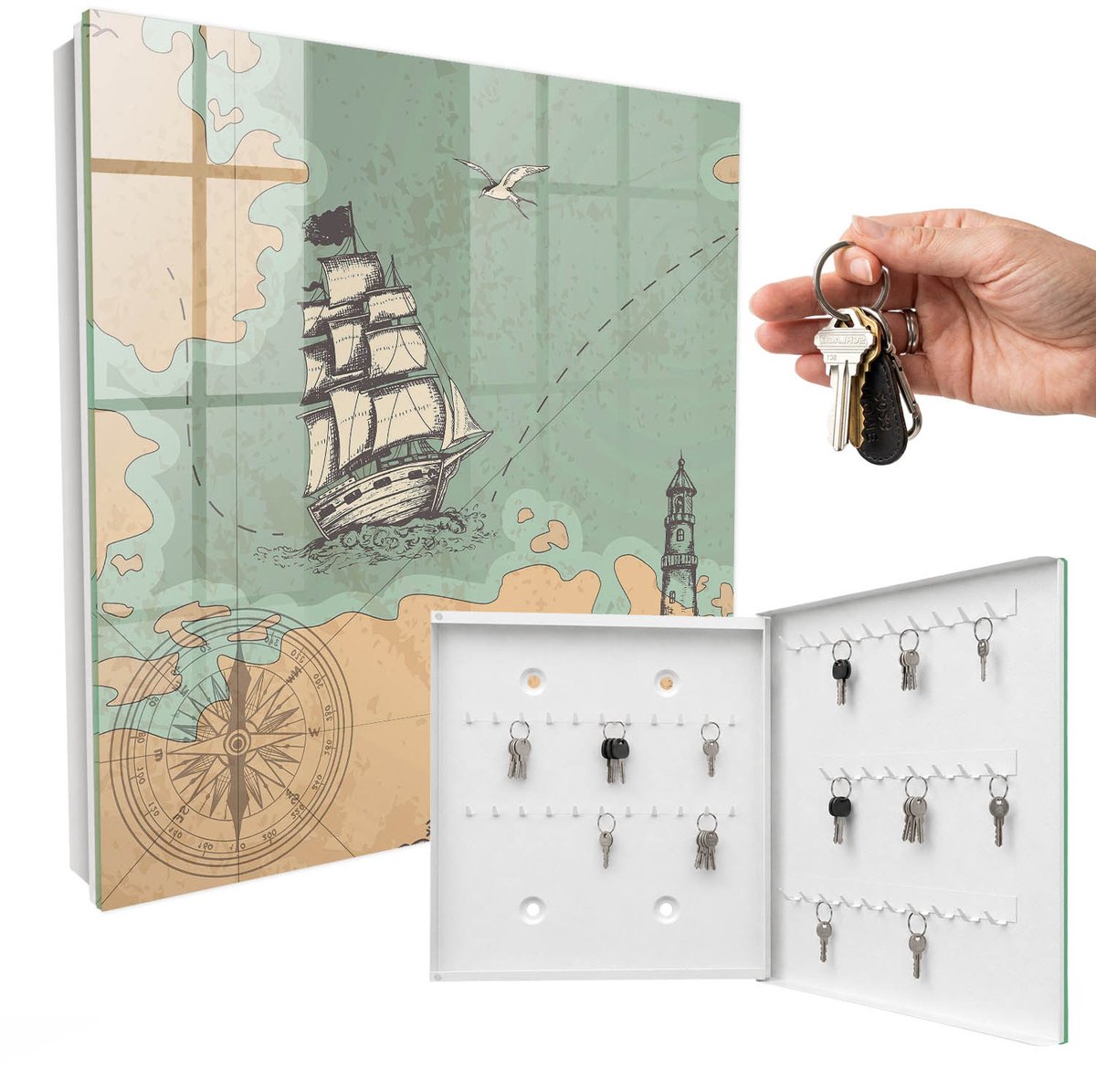 WallMuralia - Sleutelkast - 30x30x5 cm - met 50 haken - Zeeavontuur Sleutelkastje Industrieel - Beige Sleutelbox - Rechtsopenend - Wit interieur