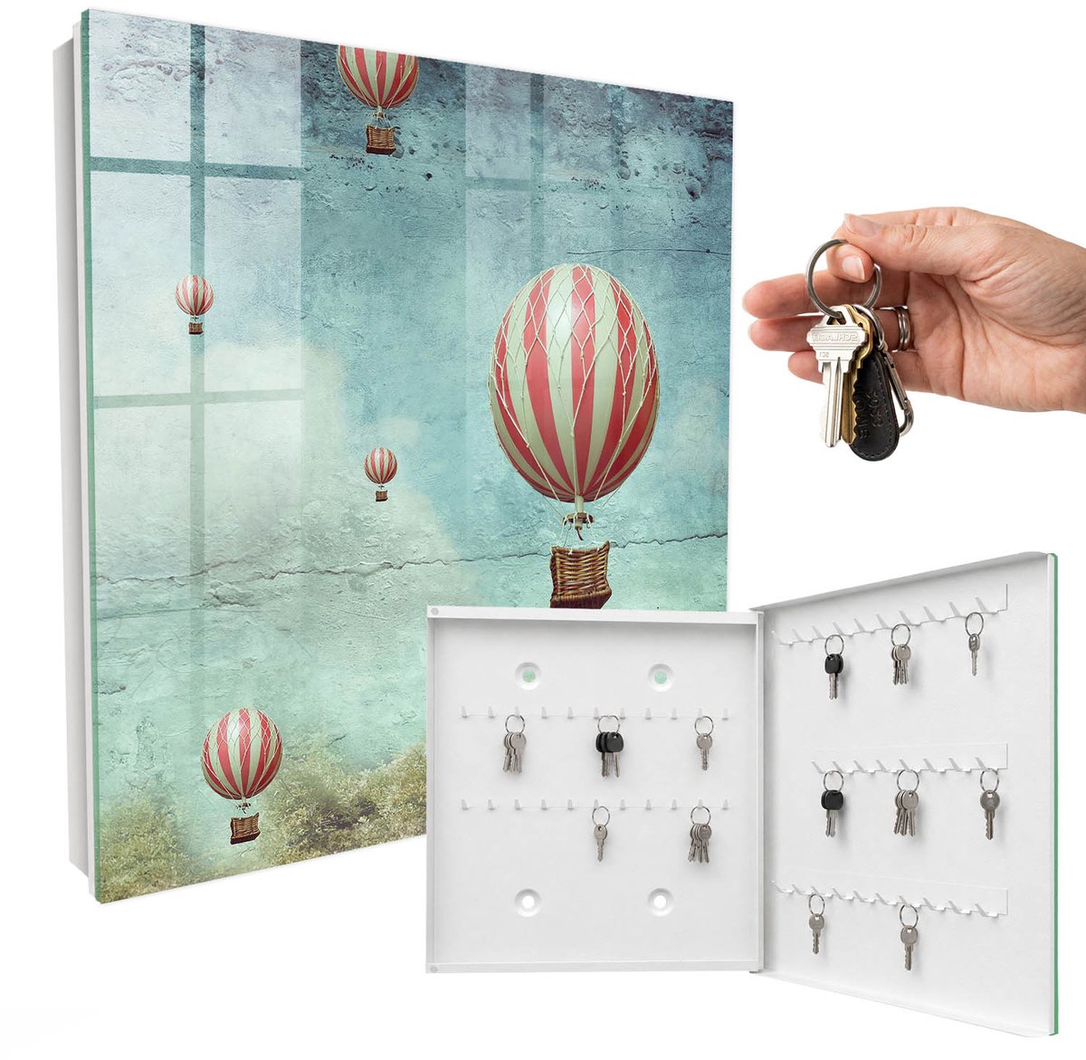 WallMuralia - Sleutelkast - 30x30x5 cm - met 50 haken - Luchtdromen Design Sleutelkastje - Blauw Sleutelbox - Rechtsopenend - Wit interieur