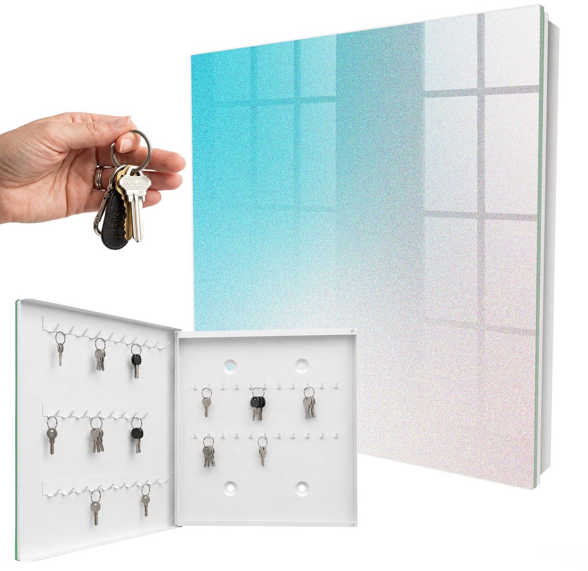 WallMuralia - Sleutelkast - 30x30x5 cm - met 50 haken - Pastelkleurige Overgang Sleutelkastje Design - Blauw Sleutelbox - Linksopenend - Wit interieur